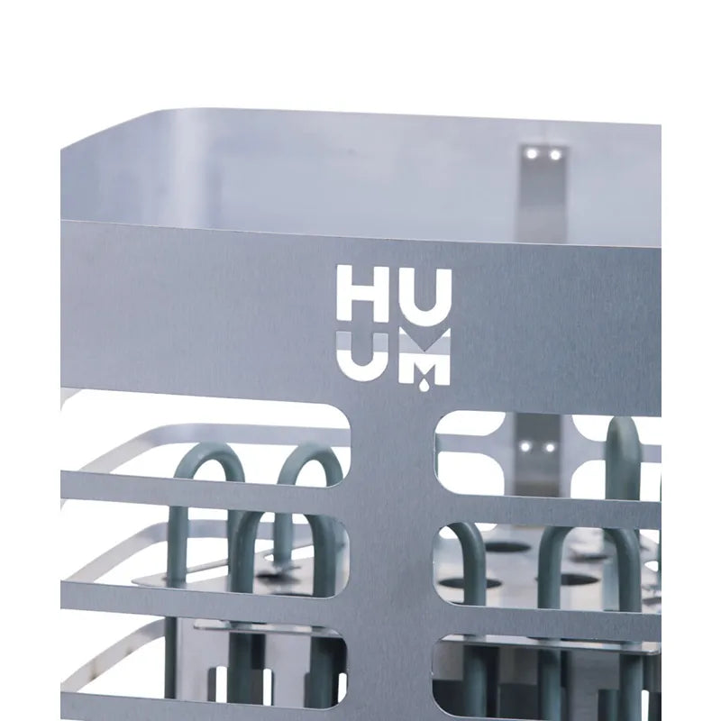 HUUM Elektrischer Saunaofen STEEL mit grauem Metallgehäuse und weißem HUUM-Logo