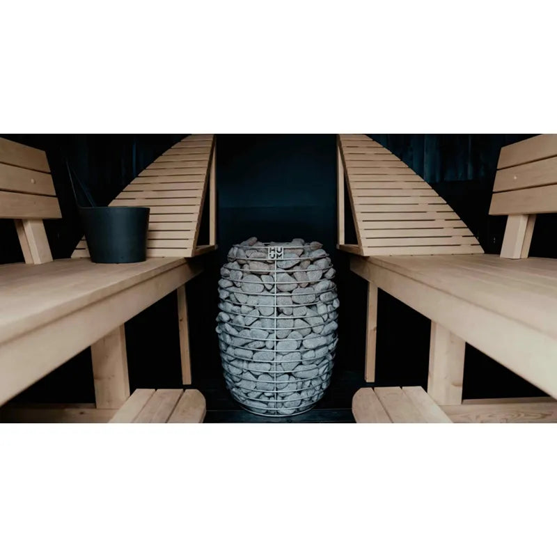 Huum Hive elektrischer Saunaofen 12/15/18 kW Standofen mit Steinen in moderner Sauna mit Holzbänken