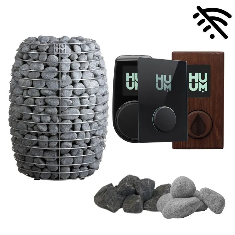 Huum Hive elektrischer Standofen mit Steinen, Steuerungsmodulen in Schwarz und Holz für 12/15/18 kW Saunaöfen