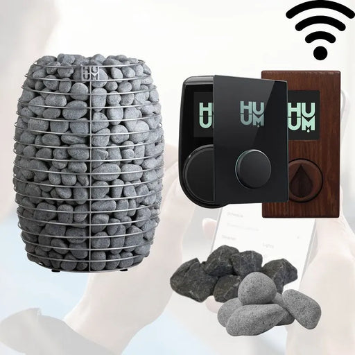 Huum Hive elektrischer Saunaofen mit Saunasteinen, Huum Steuerung und WiFi-Symbol