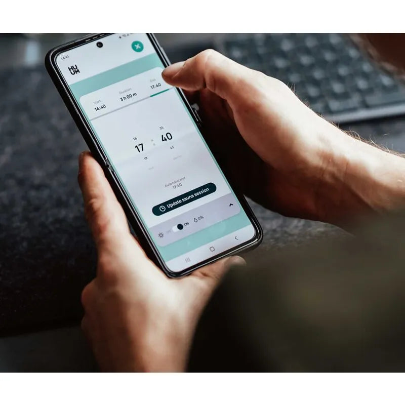 Huum Hive Mini elektrischer Saunaofen Steuerung in der Huum App auf Smartphone, Temperaturregelung 40°C