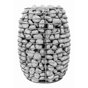 Huum HIVE Mini Elektrischer Saunaofen mit grauer Ummantelung und gefülltem Saunasteinkorb, Frontansicht vor weißem Hintergrund