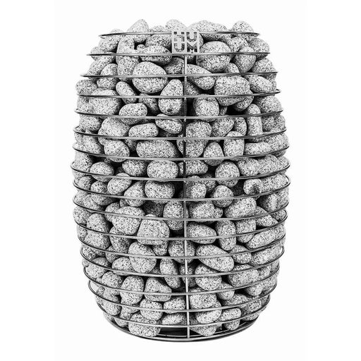 Huum HIVE Mini Elektrischer Saunaofen mit grauer Ummantelung und gefülltem Saunasteinkorb, Frontansicht vor weißem Hintergrund