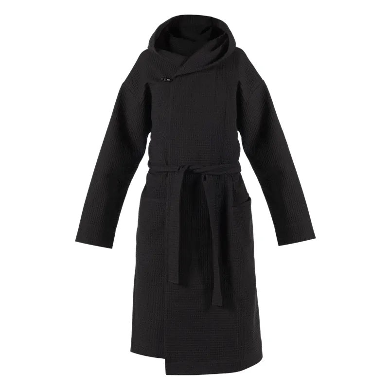 HUUM OVO Saunakimono – 100% OEKO-TEX Baumwolle in Schwarz mit Kapuze und Bindegürtel
