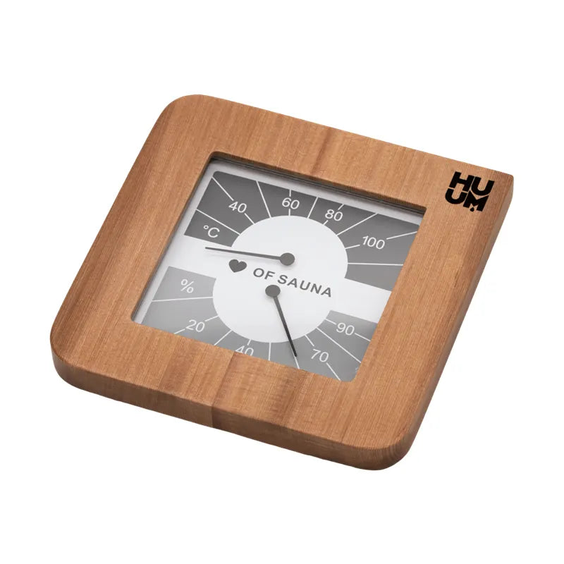 HUUM Kopfstütze aus Holz Saunazubehör mit Thermometer und Hygrometer Anzeige