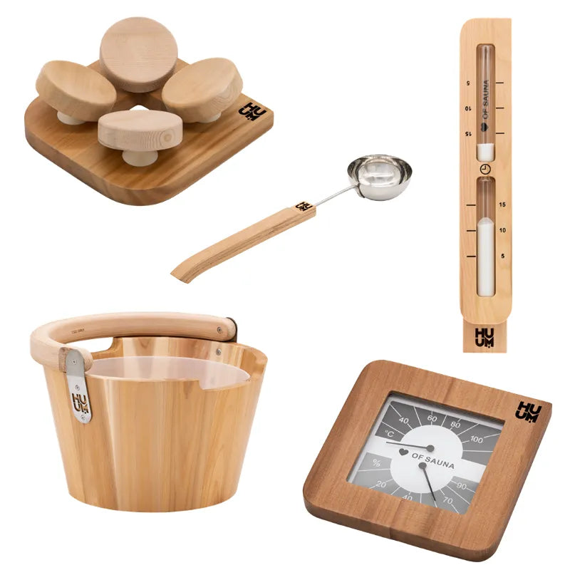 HUUM Kopfstütze aus Holz mit Saunazubehör-Set: Kopfstütze, Kelle, Thermometer und Eimer