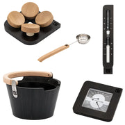 HUUM Kopfstütze aus Holz mit Saunazubehör Set bestehend aus Holzkopfstützen, Kelle, Thermometer und Eimer