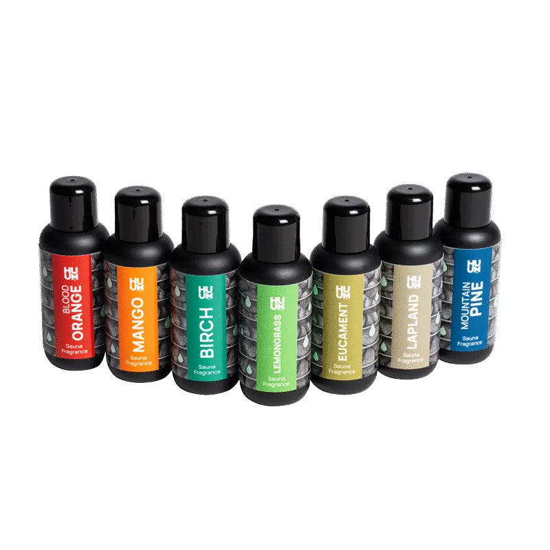 HUUM Saunadüfte 7 Duftvarianten in schwarzen Flaschen à 100 ml – Blutorange, Mango, Birke, Zitronengrün, Eukalyptus, Lavendel, Pinien Saunaduft