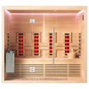 EAGO AWT Infrarotkabine E1250A-IR mit Hemlock-Holzverkleidung, vier roten Infrarotstrahler, Glastür und Holzbank für vier Personen