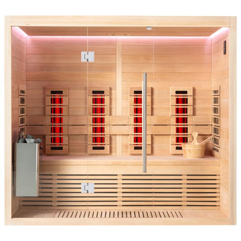 EAGO AWT Infrarotkabine E1250A-IR mit Hemlock-Holzverkleidung, vier roten Infrarotstrahler, Glastür und Holzbank für vier Personen