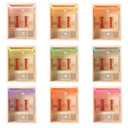 EAGO AWT Infrarotkabine E1250A-IR in neun verschiedenen LED-Beleuchtungsvarianten: Rosa, Goldgelb, Orange, Gelbgrün, Grün, Blaugrau, Violett, Rot und Pink.