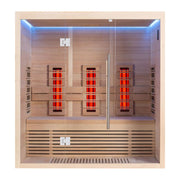 EAGO AWT Infrarotkabine E1250B-IR Hemlock mit drei sichtbaren Infrarotstrahlern, Glasfront und blauer LED-Beleuchtung, Innenansicht