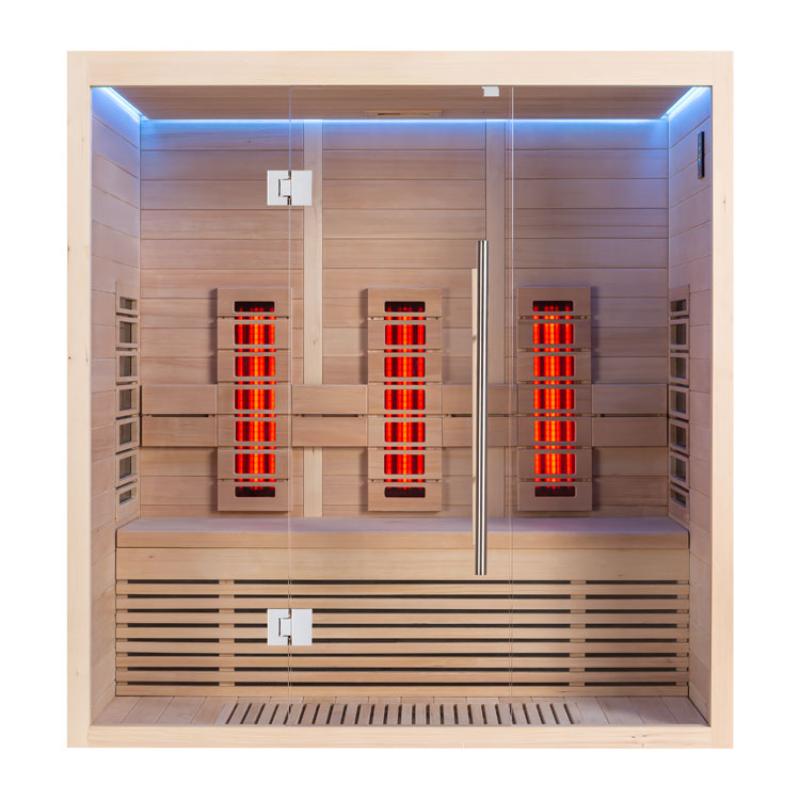 EAGO AWT Infrarotkabine E1250B-IR Hemlock mit drei sichtbaren Infrarotstrahlern, Glasfront und blauer LED-Beleuchtung, Innenansicht