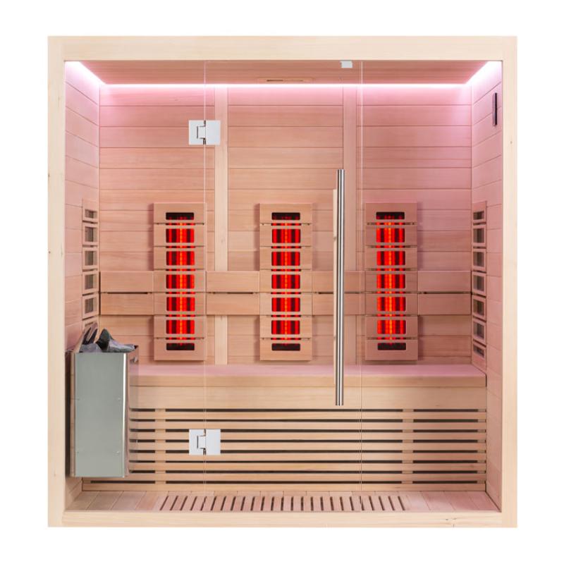 EAGO AWT Infrarotkabine E1250B-IR Hemlock, 4-Personen-Kabine mit drei Infrarotstrahler-Elementen, Glasfront, Holzpaneele und Holzbank