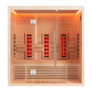 EAGO AWT Infrarotkabine E1250B-IR aus Hemlock-Holz mit drei roten Infrarotstrahlern, Glastür und LED-Deckenbeleuchtung, Innenansicht