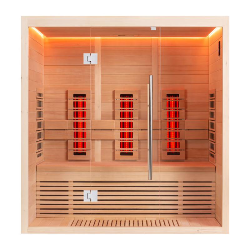 EAGO AWT Infrarotkabine E1250B-IR aus Hemlock-Holz mit drei roten Infrarotstrahlern, Glastür und LED-Deckenbeleuchtung, Innenansicht