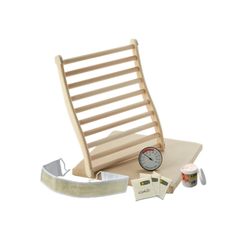 Infraworld Saunaset Relax 8-teilig mit Holz-Rückenlehne, Thermometer, Zubehör und Zubehörkorb auf hellem Untergrund