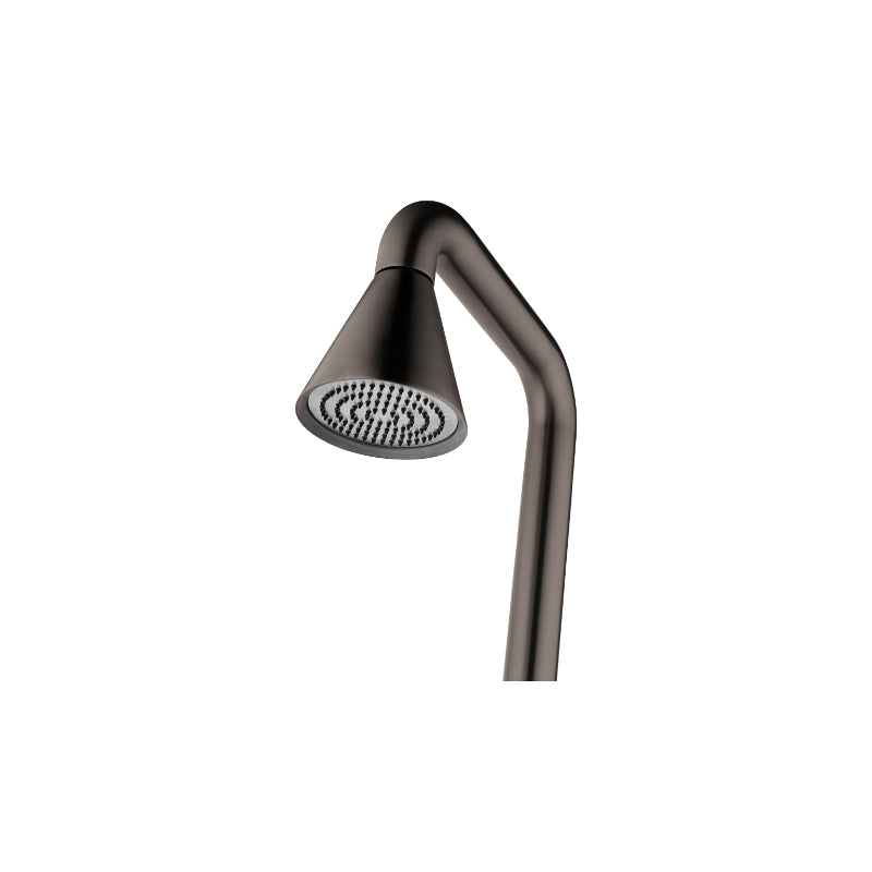 Schwarze Gartendusche JEE-O cone 01 mit konischem Duschkopf und geschwungenem Rohr, Draufsicht auf weißem Hintergrund