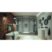 Modernes Badezimmer mit JEE-O soho 02 Gartenduschen, freistehender Badewanne, Ziegelwand und minimalistischer schwarzer Armaturenausstattung