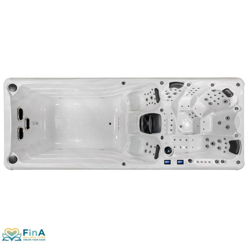 Vollständige Draufsicht auf den leeren Swim Spa JJSPA Alpha 8252 – gut sichtbare Liege- und Sitzbereiche sowie Schwimmzone