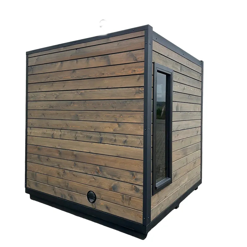 KOBA Block Gartensauna - Modernes Saunahaus mit horizontalen Holzbohlen, schwarzem Rahmen und Glastür