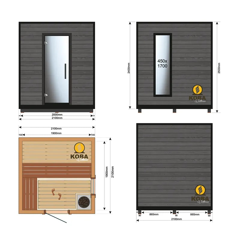 KOBA Block Gartensauna - Modernes Saunahaus Grundriss mit Maßen und Ansichten