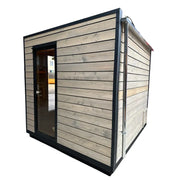KOBA Cube Gartensauna moderne quadratische Form mit Holzverkleidung und schwarzem Rahmen