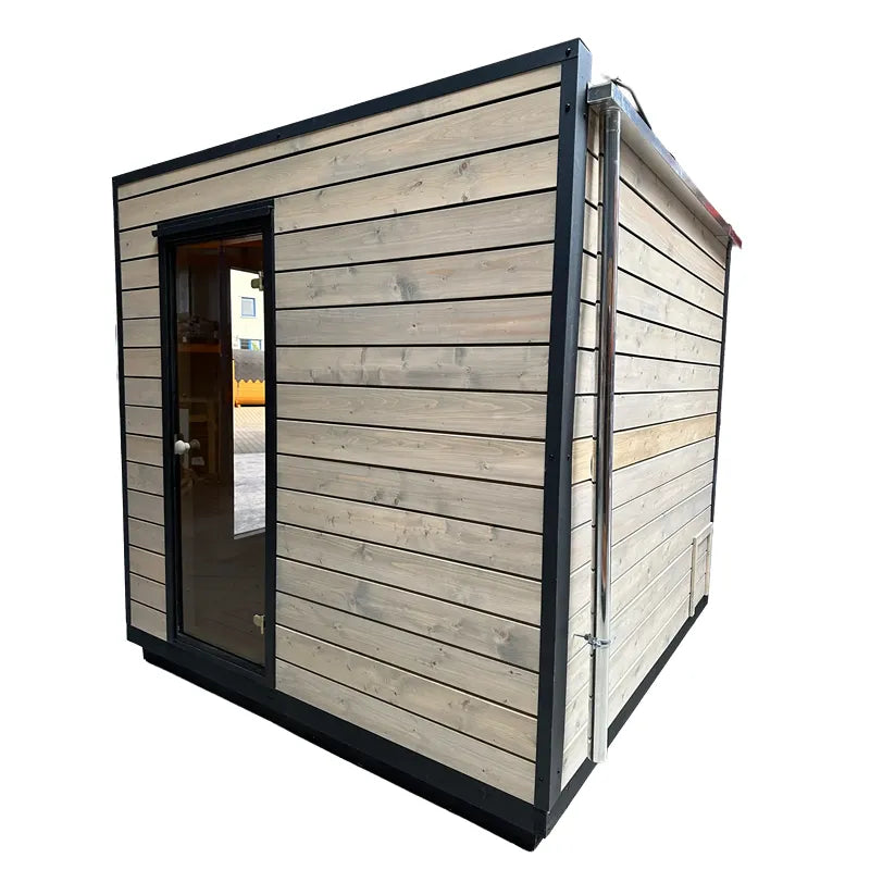 KOBA Cube Gartensauna moderne quadratische Form mit Holzverkleidung und schwarzem Rahmen