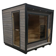 KOBA Cube Gartensauna mit moderner quadratischer Form, Holzverkleidung und großem Panoramafenster