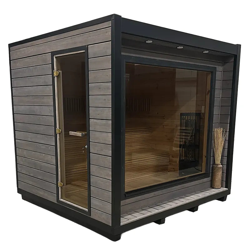 KOBA Cube Gartensauna mit moderner quadratischer Form, Holzverkleidung und großem Panoramafenster