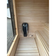 KOBA Cube Gartensauna - Moderne quadratische Form mit Saunaofen und Holzbänken im Innenraum