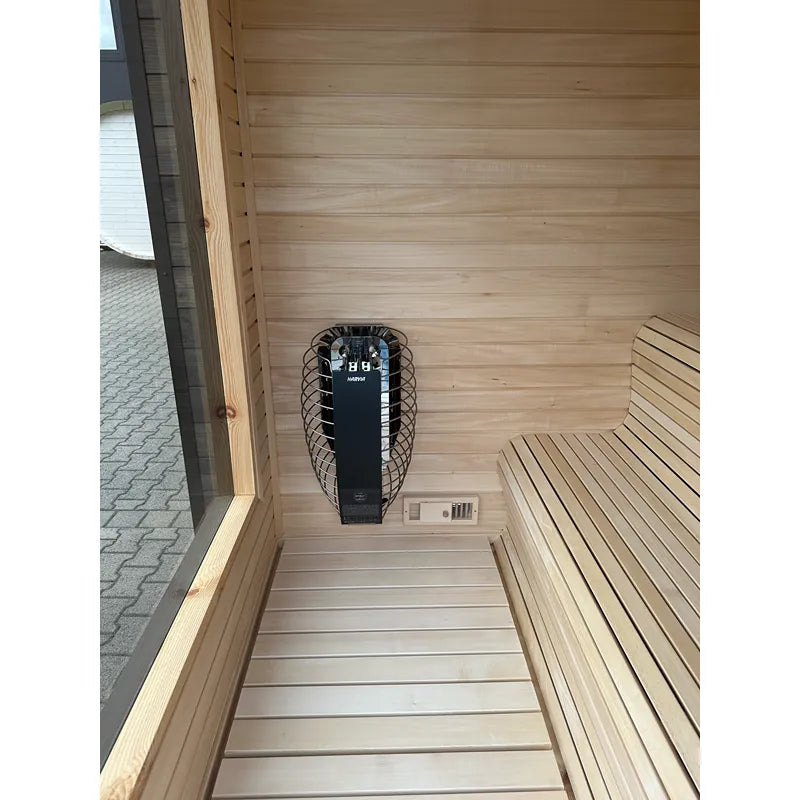KOBA Cube Gartensauna - Moderne quadratische Form mit Saunaofen und Holzbänken im Innenraum