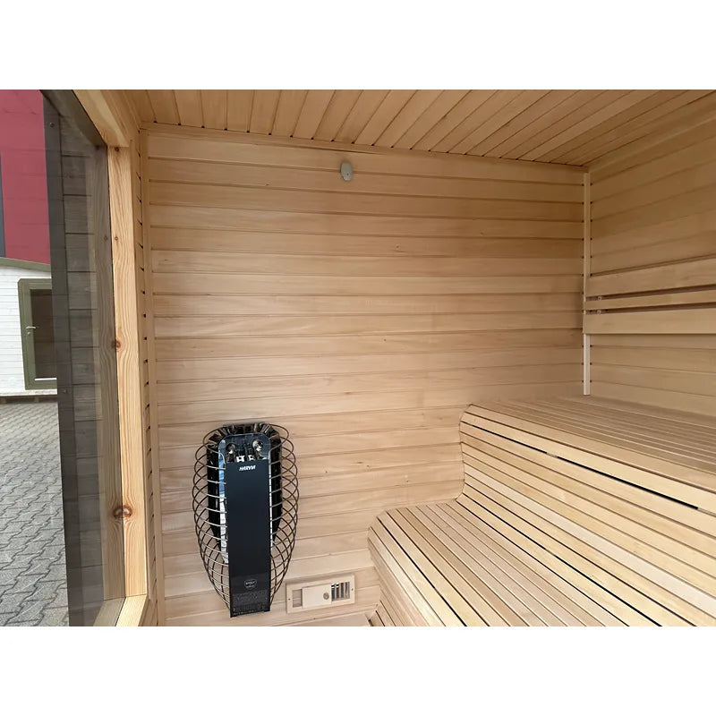 KOBA Cube Gartensauna - Moderne quadratische Form Innenraum mit Holzbänken und Saunaofen