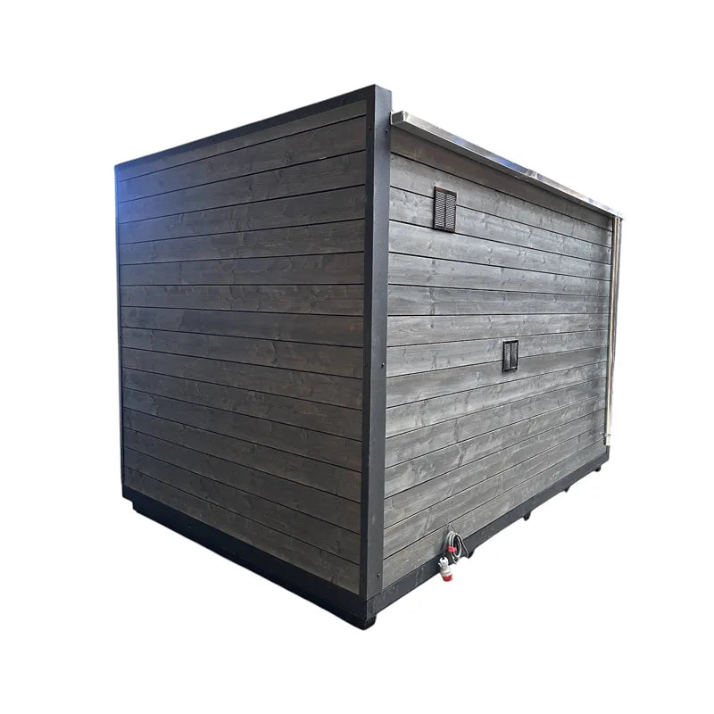 KOBA Cube Gartensauna - Moderne quadratische Form mit horizontalen Holzbrettern, dunkles Außendesign