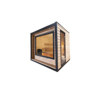 KOBA Cube Gartensauna - Moderne quadratische Form mit Holzverkleidung, großem Fenster und Holzbank im Innenraum