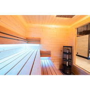 KOBA Cube Gartensauna Innenraum mit Holzbänken und modernem Saunaofen