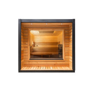 KOBA Cube Gartensauna - Moderne quadratische Form mit Holzinnenraum, Sitzbänken und großem Panoramafenster