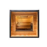KOBA Cube Gartensauna - Moderne quadratische Form mit Holzinnenraum, Liegebänken und großem Panoramafenster