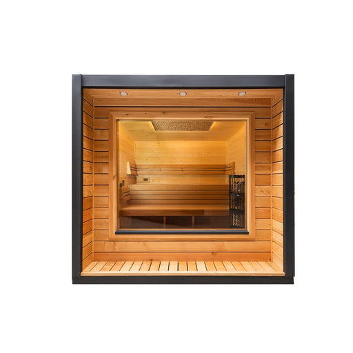 KOBA Cube Gartensauna - Moderne quadratische Form mit Holzinnenraum, Liegebänken und großem Panoramafenster