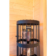 KOBA Cube Gartensauna mit moderner quadratischer Form und schwarzem Metallrahmen in Holzsaunaraum