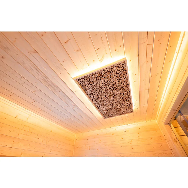 KOBA Cube Gartensauna Innenraum mit Holzdecke und LED-Beleuchtung