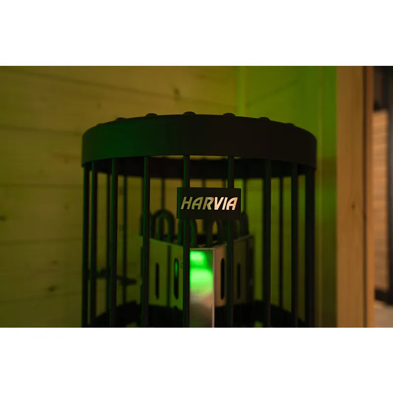 KOBA Cube Gartensauna - Moderne quadratische Form mit grüner Innenbeleuchtung und offener Tür