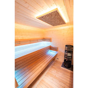 KOBA Cube Gartensauna Innenraum mit Holzbänken und LED-Beleuchtung