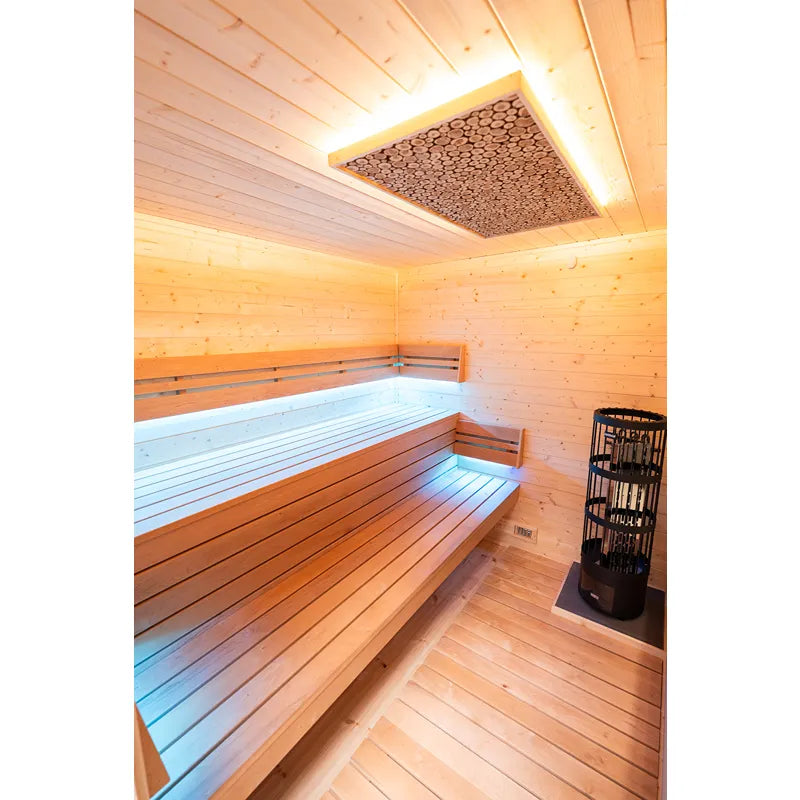 KOBA Cube Gartensauna Innenraum mit Holzbänken und LED-Beleuchtung