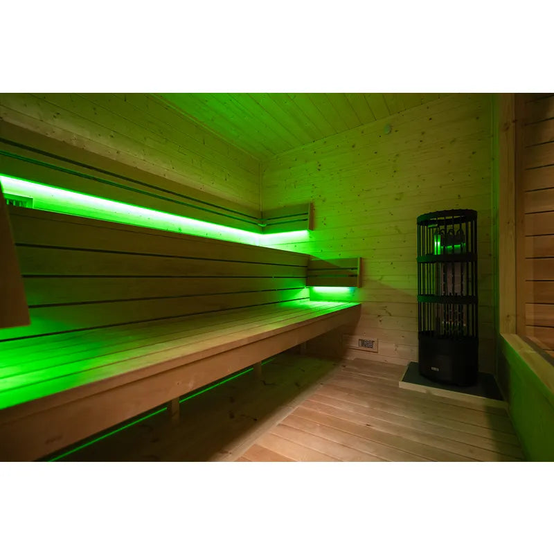 KOBA Cube Gartensauna Innenraum mit Holzbänken und grüner LED-Beleuchtung