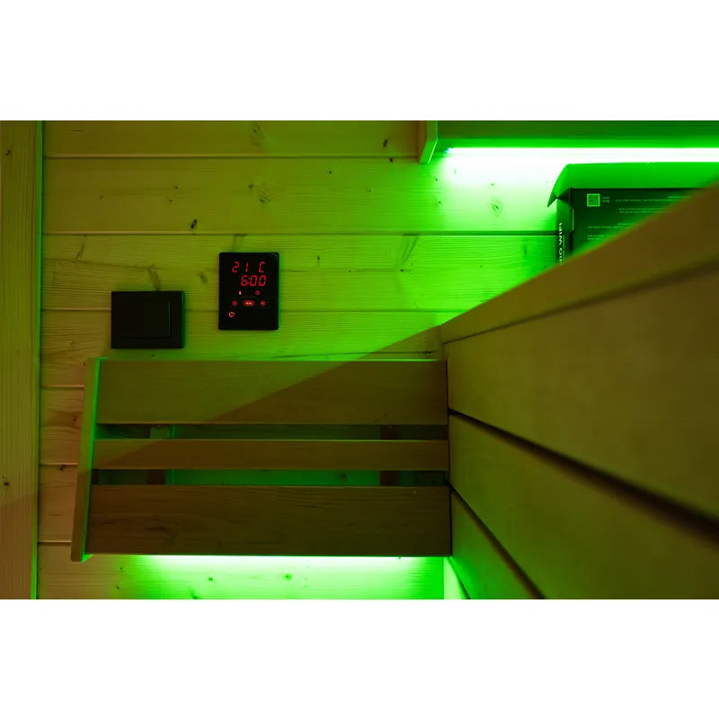 KOBA Cube Gartensauna Innenraum mit Holzbänken, Temperaturregler und grüner LED-Beleuchtung