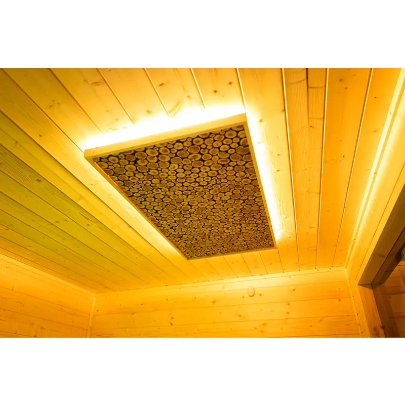 KOBA Cube Gartensauna Innenraum mit Holzdecke und Infrarotheizstäben