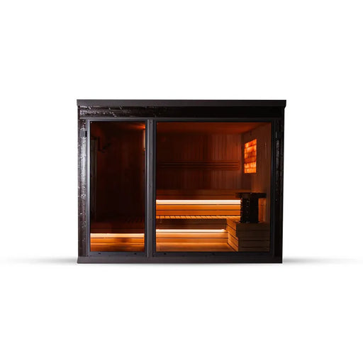 KOBA Fenris Gartensauna - Designsauna mit schwarzem Rahmen, beleuchtetem Innenraum und Holzbänken