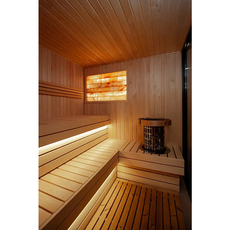KOBA Fenris Gartensauna - Designsauna Innenraum mit Holzbänken und Infrarotheizung