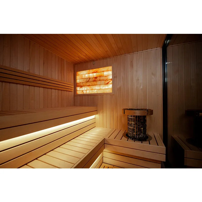 KOBA Fenris Gartensauna - Designsauna Innenraum mit Holzbänken und Infrarotstrahler